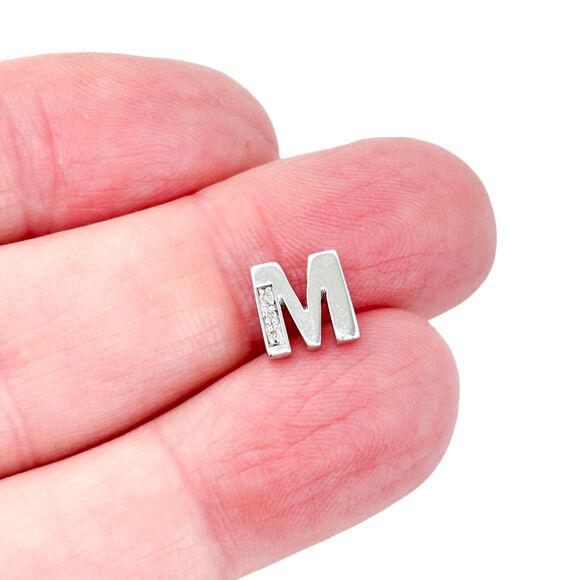Diamond 0.03ctw Initial M Charm Pendant | Vintage Sterling Silver 925 - Picture 1 of 7